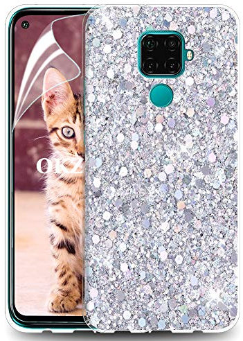OKZone Funda para Huawei Mate 30 Pro Carcasa Purpurina [con Protector Pantalla], Cárcasa Brilla Glitter Brillante TPU Silicona Teléfono Smartphone Funda Móvil Case (Plata)