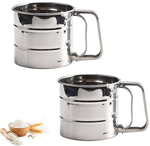 Einhand Mehlsieb Mehlsiebbecher Edelstahl Hand Backen Kuchen Shaker Sieb Sifter Einhandsieb Mehlsieb Edelstahl Mehlsieb mit Griff für Puderzuckersieb Tapiokamehl Kokosmehl Kuchenmehl (2 Stücke)