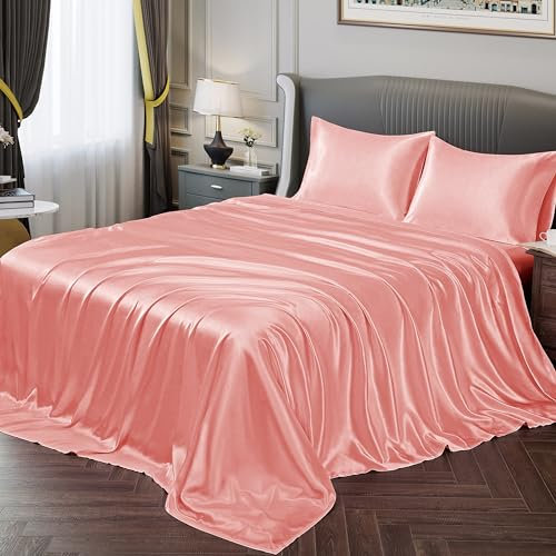Vonty - Set di lenzuola in raso morbido come la seta, per letto queen-size, 1 lenzuolo con angoli profondi + 1 lenzuolo di sopra + 2 federe, colore: rosa cipria