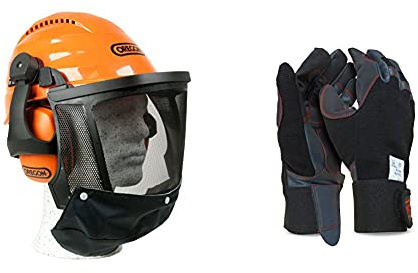 Oregon Waipoua Professional Chainsaw Safety Helmet with Protective Ear Muff and Mesh Visor(562413) & 295395 Leather Chainsaw Protective Glove, 4 Way Stretch, Large