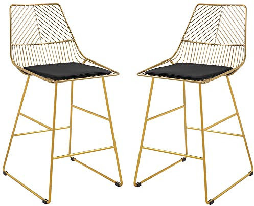 HOMCOM Set of 2 Bar Stools, Modern Counter Height Breakfast Bar Chairs with Wire Metal Frame for Kitchen, Dining Room, Gold