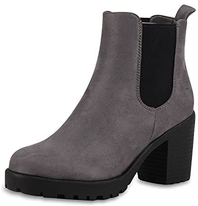 VAN HILL Damen Stiefeletten Chelsea Boots Profilsohle 70's Schuhe 125351 Grau 39