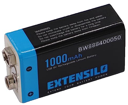 EXTENSILO batteria da 9V compatibile con diversi dispositivi (1000mAh, 9V, Li-Ion), ricaricabile, ready-to-use, con porta Micro USB