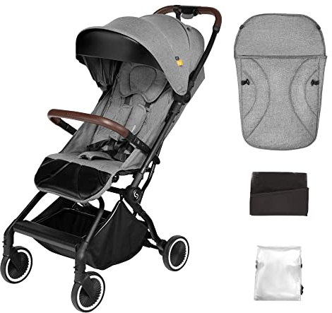 skiddoü Reisebuggy Espoo+, Kinderwagen Buggy mit automatischem Einhand-Faltsystem, Kinderbuggy bis 22kg, Kinderwagen mit Moskitonetz, Beinschutz und Regenschutzfolie, ohne Gurt, grau, 2020052