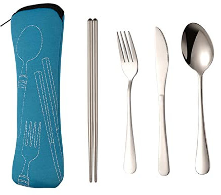 Set di Posate Portatile in Acciaio Inox, riutilizzabili, con Astuccio, Utensili da Viaggio, cucchiaino da Campeggio, forchetta e Bacchette, per la Scuola e L'Ufficio
