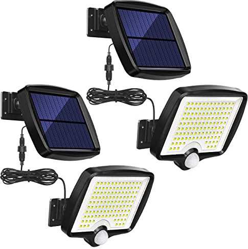 MPJ - Lampes solaires, à 118 LED, avec détecteur de mouvement, câble de 5 m, étanchéité IP65, angle d'éclairage 120°, applique murale solaire, pour extérieur, jardin - 2 pièces
