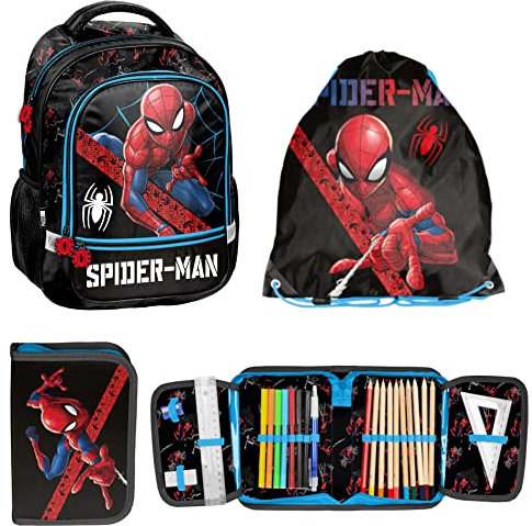 PASO Schulrucksack Set 3 Tlg. - Mit Turnbeutel & Befüllter Federmappe - Spiderman