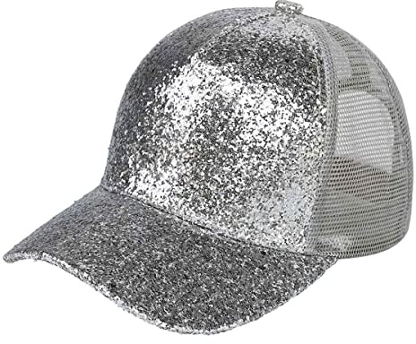 C.C Radiant Shimmer Adjustable Trucker Mesh Baseball Cap Hat, Glitter Silver/Light Gray