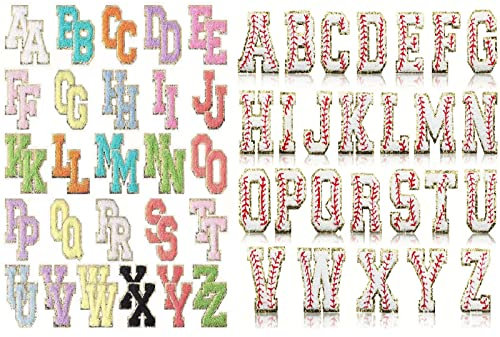 Iron On Patches Baseball Letter Embroidered Cloth Sticker Embroidered Badge Iron-On Patch Sticker Toothbrush Embroidered Luggage Decoration Embroidered Cloth Label,Color+Baseball 52Pcs