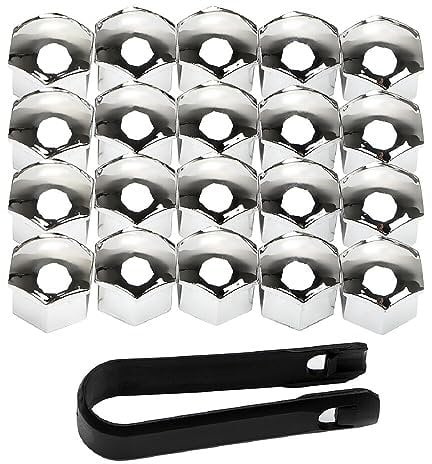 Tadipri 20 Pièces Capuchons D'Écrou De Roue, 17 Mm Anti-Poussière Couvercle De Jante Placage Hexagonal Chrome Boulon Couvre Roue Cache-Écrous Bouchon D'Écrou De Roue avec Ensemble Outil, Argent
