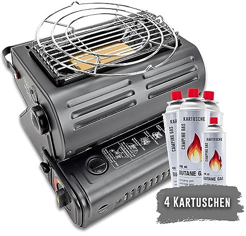 TruWare Tragbare Campingheizung mit Kartuschen klappbare Zeltheizung für Garten Wohnwagen Wintergarten | mobiler Gasheizer mit Griff (Gasheizung mit 4 Kartuschen)