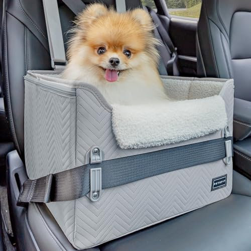 Petsfit Panier Chien Voiture, Siège Auto Chien Voiture pour Chiens jusqu'à 6 kg, Pliable Transport Chien Voiture arrière avec Ceinture de Sécurité, Gris-Cuir