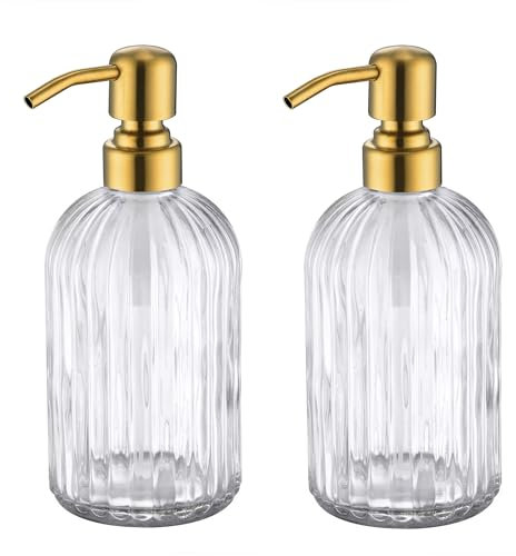 Leetcp Goldfarbener Glas-Seifenspender mit rostfreier Metallpumpe, Vintage- und Antik-Design, 473 ml, Klarglas-Spülseifenspender für Bad und Küche, 2 Packungen