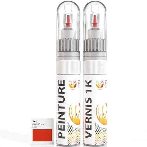 ipixline Kit Retouche Peinture Carrosserie Voiture - Stylo Correcteur Peinture 30 ml, Vernis Brillant 1k 30 ml - Compatible avec Ral - Orangé Sang 2002