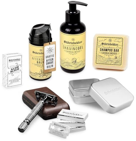 Störtebekker® Premium Shower & Shave Essential Set - Rasierset & Duschset für Herren - mit Rasierhobel (Schwarz/Café), Rasiergel, After Shave Balm, Alaunstein, festem Shampoo & Alu Seifendose