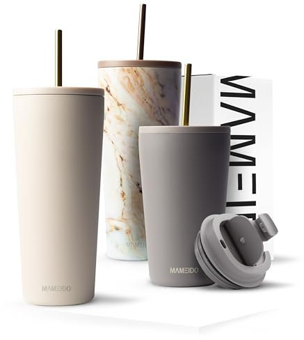 MAMEIDO Thermobecher mit Strohhalm 700ml, Trinkbecher mit Deckel und Strohhalm aus Edelstahl doppelwandig isoliert, auslaufsicher, Coffee to go Becher (Ivory Beige, 0,7l)