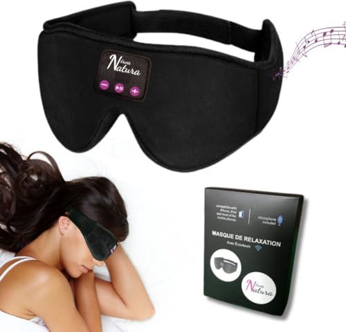 Masque de nuit noir bluetooth pour retrouver le sommeil et éviter l' insomnie - Écouteurs réglales pour dormir, meditation, hypnose, voyage. 100% occultant & doux, cadeau pour homme et femme