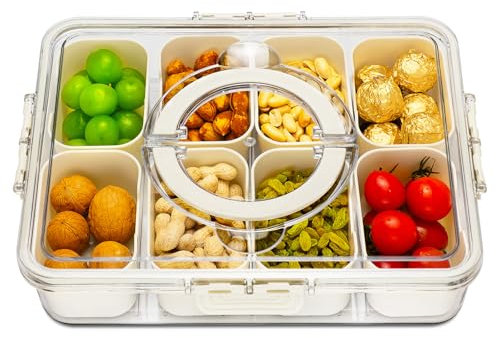 HRXFOZ Divided Serving Tray with Lid and Handle, 8 Compartments Snack Box, Portable Snack Platter for Candy Fruits Nuts, Transparent