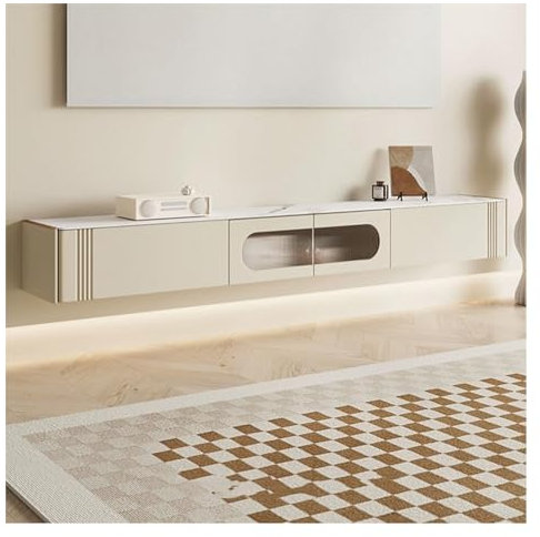 Banc TV Mural Meuble TV Flottant Moderne avec Porte Et 2 Tiroirs, Meuble TV Étroit, Support Flottant Mural for Téléviseurs, 78,7 Pouces, Console TV Flottante Blanc Crème