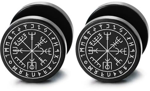 Wikinger Nordischer Futhark-Runen Kompass Ring Ohrstecker Ohrringe Herren Edelstahl Schwarz Fake Plugs Ohr Cheater Gauge