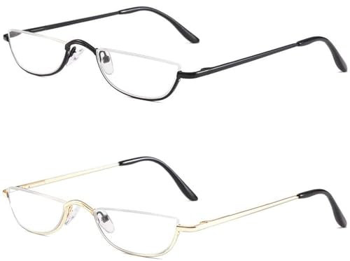 KoKoBin 2 Paar Halbmond-Brille, Lesebrille, schmal, halber Rahmen aus Metall, Frühling, Scharniere für Damen und Herren (Schwarz + Gold, 3, Diopter)