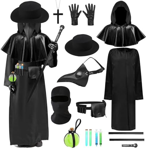 Pestarzt-Kostüm mit Vogelschnabelmaske, Hut, Zubehör, Erwachsene, Dr. Horror, gruselig, Halloween, Gewand, Outfit, Umhang, Handschuhe, Schwarz, M