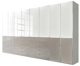 WIEMANN Drehtürenschrank mit 10 Schubkästen hochwertiger Kleiderschrank Schlafzimmerschrank 400cm breit, mit Schubladen, Glas Kieselgrau, Korpus Weiß, Höhe 236cm, Shanghai