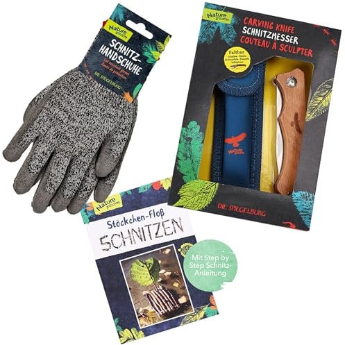 Taschenmesser für Kinder ab 6 Jahren, mit Schnitzhandschuhe & Bastelbuch Anleitung für Schnitzprojekt - von Nature Zoom & die Spiegelburg - hochwertige Materialien für sicheren Spaß beim Schnitzen