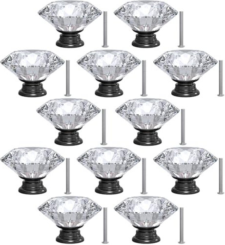 Lot de 12 boutons d'armoire en verre de cristal pour décoration d'intérieur, tiroirs de vanité, bureaux, portes d'armoire, vis standard, installation facile pour la rénovation et la rénovation de la