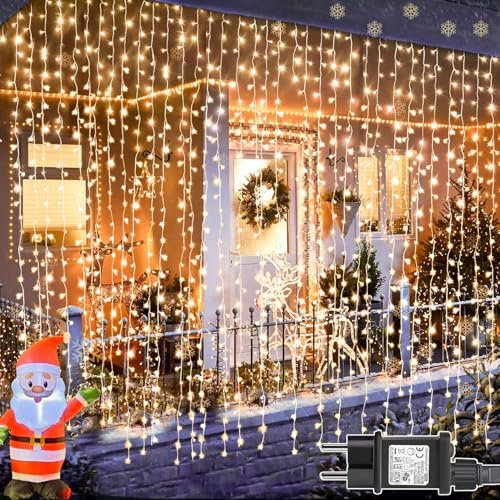 yowin Cortina Luces Navidad Exterior 3x3M 300 LED Luz de Navidad con Enchufe, Temporizador, 8 Modos Luces Ventana Impermeable Luce Cascada para Hogar Balcon Escaparates Interior Decoración
