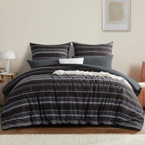 RUIKASI Bettwäsche 220x240 3 teilig Dunkel - Bettbezug 220 x 240 Set mit Streifen Muster, Bettwäsche-Sets 220x240cm aus Mikrofaser mit Reißverschluss Weich und Bügelfrei
