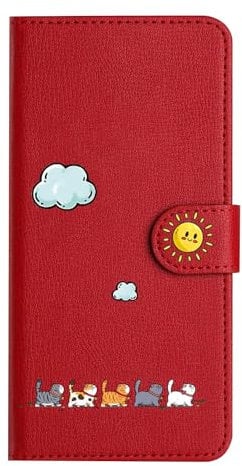 Nbziyoo Lovely Cats Phone Case for iPhone 14 Plus,Cute Cats/Sun Flip Wallet Case with Card Slots, Premium Magnetic PU Leather Cover for iPhone 14 Plus,Red