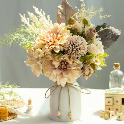 JARELING Fake Flowers with Vase Silk Dahlia Artificial Flowers in Vase Faux Hydrangea Flowers Arrangements with Vase for Home Office Decoration Dining Table Centerpiece (Coffee)