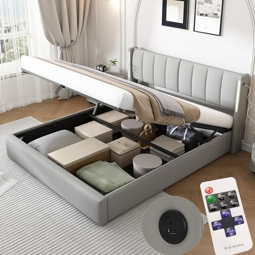 Zepneiy Lit 180x200 avec Sommier LED et USB - Coffre avec Rangement et Tete de Lit Réglable, Double à Lattes, Rembourré (sans Matelas)