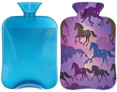Purple Horses Hot Water Bottle with Cover, Colorful Horse Art 2L Hot Water Bag for Pain Relief, Neck and Shoulder, Hand Feet Warmer