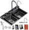 DSMRLEOP 75x45cm spüle, Multifunktionale Schwarz Küchenspüle, 1 Becken Spüle Küche Edelstahl mit Zubehör wie Abflusskörbe, Seifenspender, Siphon, Über- und Ablauf-Set Arbeitsplatz-Küchenspülen