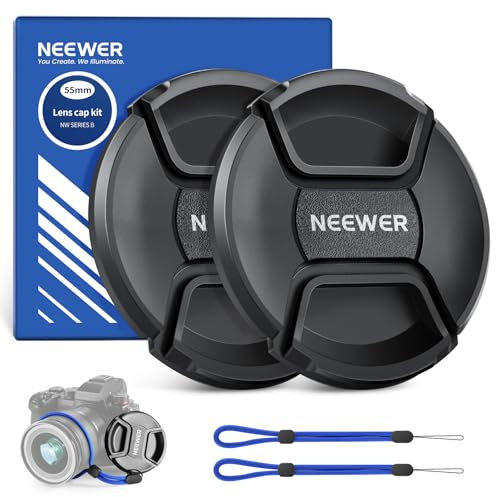 NEEWER 55mm Objektivdeckel Set (2er Pack), Lens Cap mit Riemen zum Schutz vor Verlus und Reinigungstuch, kompatibel mit Canon Nikon Sony Fujifilm Panasonic Kamera Objektiv von 55mm Durchmesser