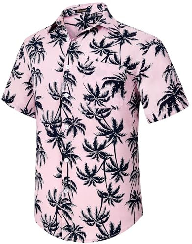 Enlision Chemise Hawaienne Homme Rose Manches Courtes Chemises à Fleurs Casual Été Imprimé Hawaii de Plage Vacances avec Poche 2XL