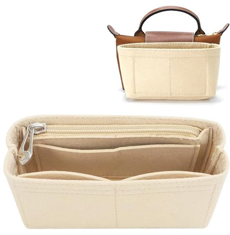 Amexo Filz Taschen-Organizer für Longcham Tasche Mini, Beige Kleine Handtaschen Organizer Innenbeutel Innentasche Leichtgewicht, Mini Taschenorganizer für Tragetasche Damen (Reißverschluss)