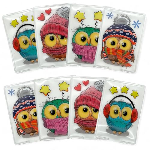 MIJOMA 8er Set Handwärmer zum Knicken - Wiederverwendbare Taschenwärmer für Kinder & Erwachsene, Wärmeknickkissen mit trendigen Motiven, für kalte Tage unterwegs (Winter Eulen, 9,5 x 6,8 cm)