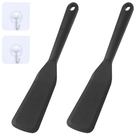 Lot de 2 spatules en silicone antiadhésives - Résistantes à la chaleur - Pour la cuisson du poisson, des crêpes, des œufs, de la pizza, du steak, sans BPA (noir) - Avec 2 crochets