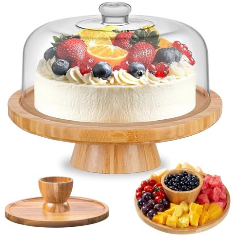 MEETOZ Acacia Wood Cake Stand with Acrylic Lid, 12in Round Cake Holder, 2-in-1 Multi-Functional Dessert Table Display Set, Charcuterie Board for Cheese, Chips & Dips, Nachos, Cake Holder with Dome