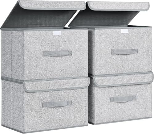 Homsorout Aufbewahrungsboxen mit Deckel - 4er Set Aufbewahrungskorb Stoff Faltbare Aufbewahrungsbox mit Transparentem Sichtfenster, 38 x 25 x 25 cm Faltbox für Kleidung, Würfelregal, Textur Grau