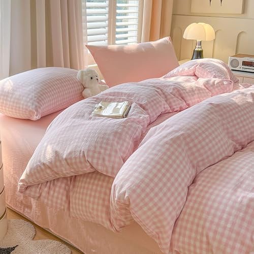 Covebett Juego de ropa de cama de 135 x 200 cm, diseño a cuadros, color rosa y blanco, diseño geométrico a cuadros, funda nórdica y funda de almohada de 80 x 80 cm, cremallera