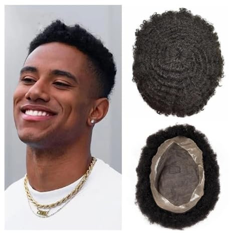 Vickyliou Men's Bald Wig Herren-Toupet, langlebig, feine Mono-Basis, lockiges afrikanisches gewelltes Haarteil for Männer, Mono und einfach zu installierendes Haar Bald Cap(Water Curl Toupee,7x10)
