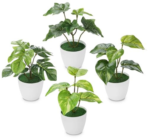 FOREST PRINCE 4 Pièces Petite Plantes Artificielles Interieur, Mini Fausse Verte Plastique Plante avec Pot pour Décoratif Salon Chambre Cuisine Salle de Bain Déco