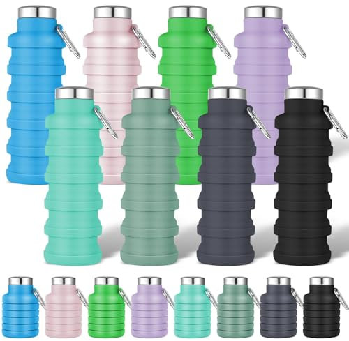 8 Pack Collapsible Water Bottles for Kids, 500 ml Silicone Sport Bottle Bulk for Travel, Foldable Portable Drinking Bottles, Reusable Leakproof Bottle for Gym Camping Hiking Cycling Outdoor, 17 oz