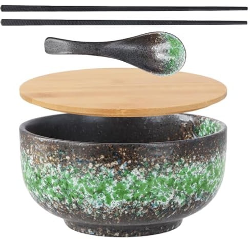 Large Ramen Bowl Set, 36 Oz(1080 Ml) Ceramic Noodle Bowl, Japanese Ramen Bowls, Porcelain Salad Bowl For Pasta, Soup, Salad, Snack, Chinese Bowls And Spoons Set, Microwave Safe (Green Bowl Set)
