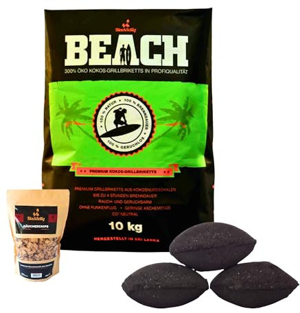 BlackSellig Beach Premium Kokos Grillbriketts - Cocos Holzkohle für Dutch Oven, BBQ & Smoker - Hochwertige Grillkohle & Holzkohlebriketts - Lange Brenndauer & Hohe Hitze (10kg + 360g Smokerchips)
