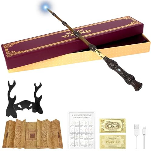 SGZIOO Baguette magique de 35 cm avec lumière, recharge USB, dans une boîte cadeau avec carte, carte de sort, carte de transport et porte-baguette magique, pour Halloween, carnaval, cosplay (A)